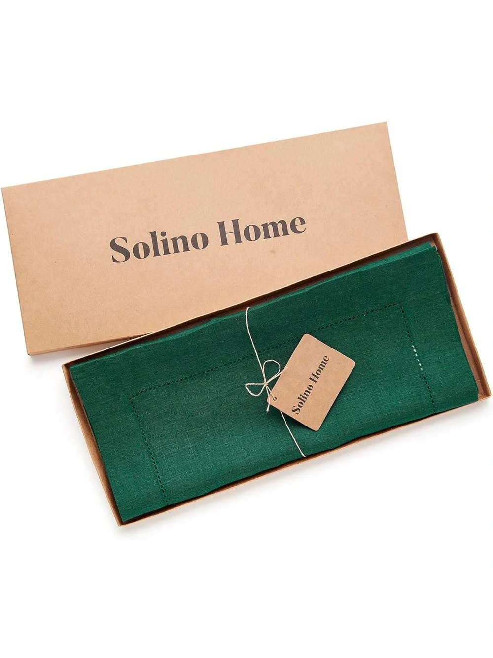 NEW Solino Home 100% Pure Linen Rainforest Green Table Runner, Classic Hemstitch